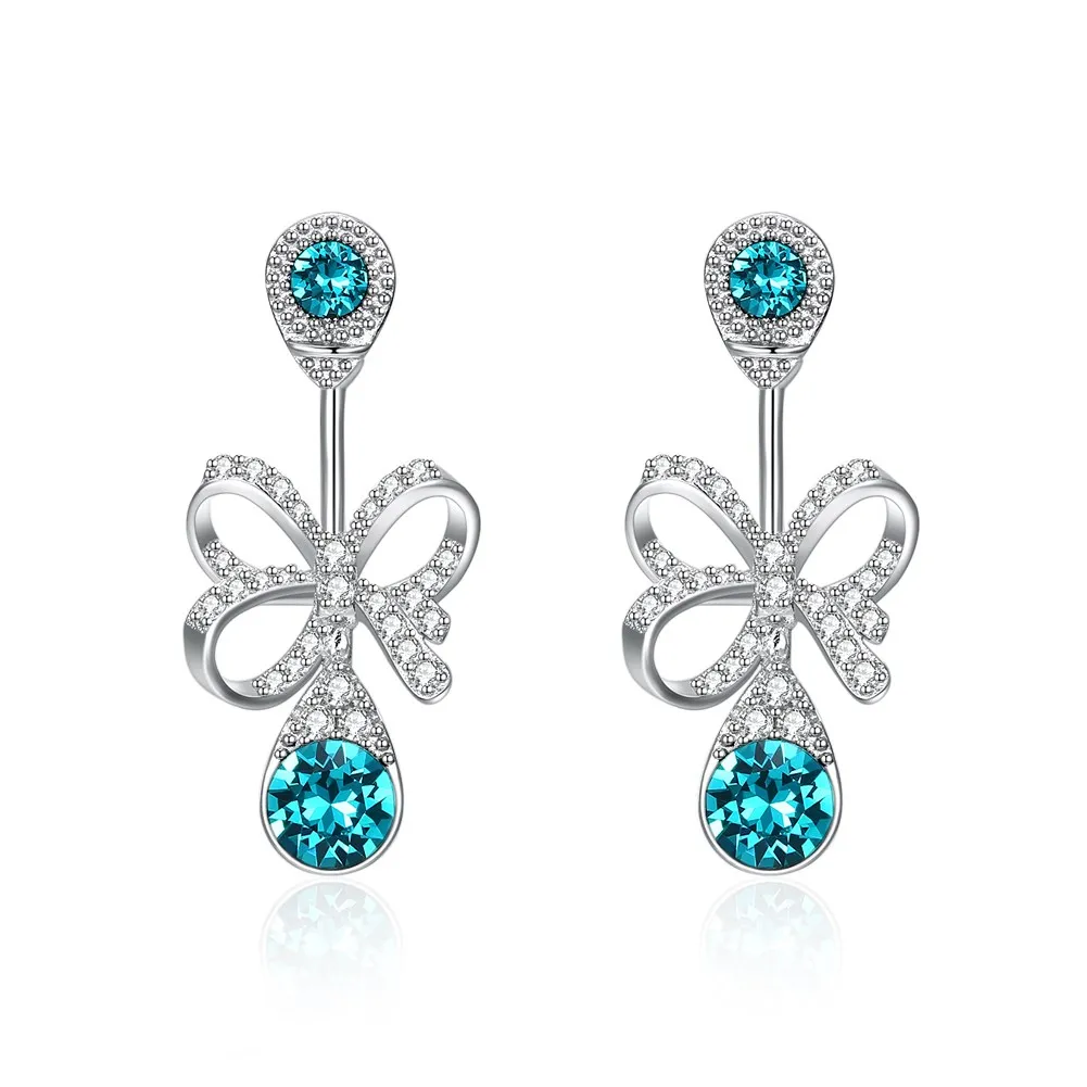 

Blue Crystal Queen Earrings High End Champagne Gold Gem Stud Earrings Romantic Bow Jewelry with Bow and Water Drops