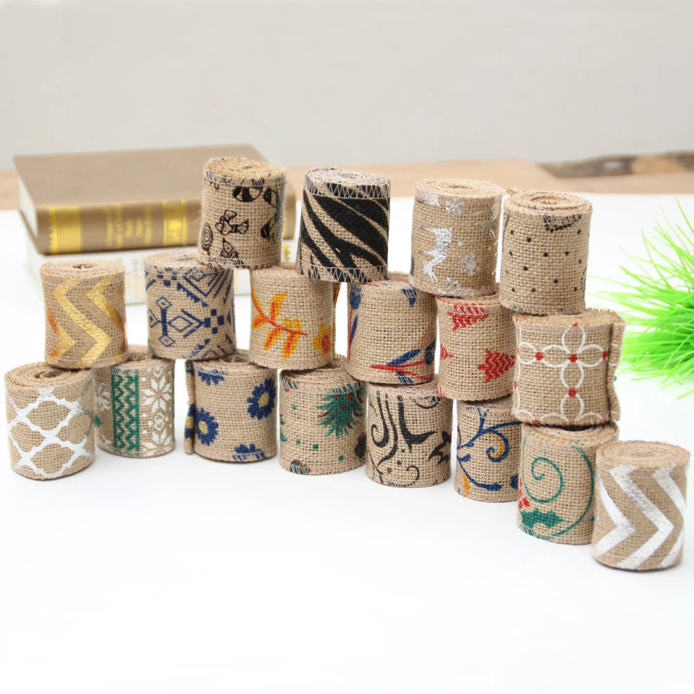 2M/lot 6CM Natural Jute Burlap Printed Ribbon Linen Roll Sewing Fabric for DIY Clothing Hat Bag Home Decor Christmas Wedding Par