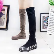Ботинки женская обувь женские ботинки модные сапоги до колена г. Новые осенние высокие сапоги из эластичной ткани удобные сапоги на плоской подошве из замши X192