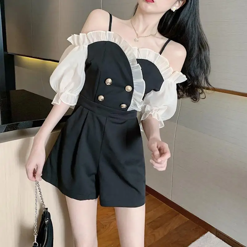 Korean Sexy Strapless Sling Women Playsuits Short Sleeve Hit Color Ruffle Patchwork Romper High Waist Slim Bodysuit G1829