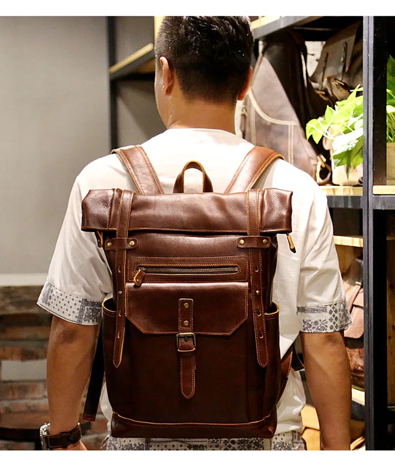 Outdoor Model Show of Woosir Leather Roll Top Backpack