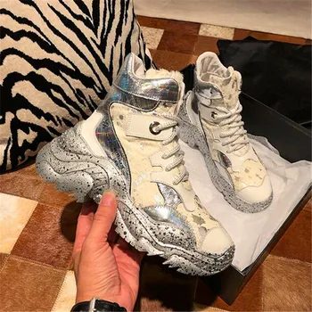 

Bling Bling Glittery Platform shoes Genuine leather woman 2019 winter new style Leisure Booties trendy Boots Women's Ankle Boots