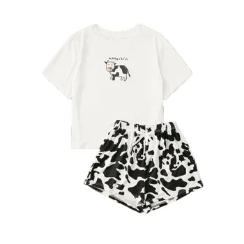 

Cotton Pajama Set Female Cow Print Pijamas Mujer Short Sleeve T-Shirt and Shorts Ladies' Pyjamas Summer Sleepwear Home Clothes