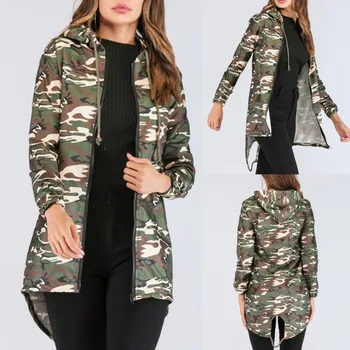 

2019 women's autumn camouflage long-sleeved hooded jacket shirt round neck zipper winter jacket Chaqueta de mujer drop shipping