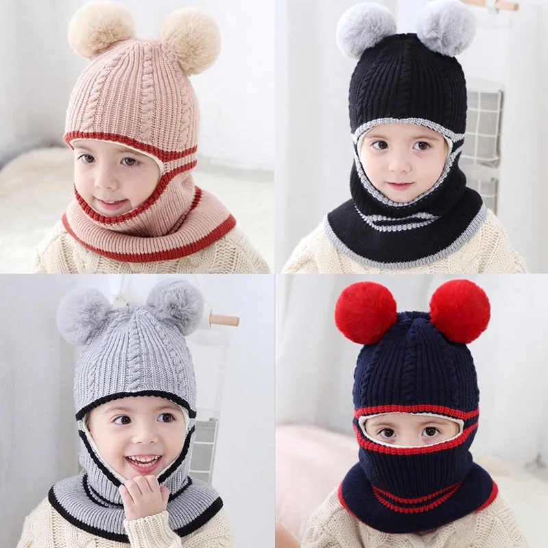 Winter Children Pompom Ball Hats Crochet Knitting Baby Girls Boys Thicken Warm Fleece Scarf Hats Protector Face Caps