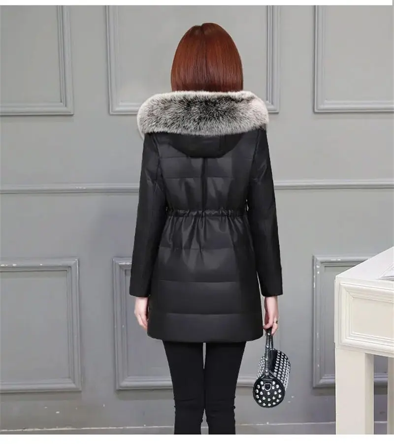 Hooded Leather Fur Jacket Women\'s Mid-Length Winter New PU Leather Down Cotton Coat Slim Parkas Mujer Abrigos M308