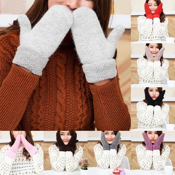 

Lovely Female Winter Warm Knit Wool Thicker Cashmere Velvet Solid Color Gloves Ladies Cute Soft Mittens Guantes High Quality