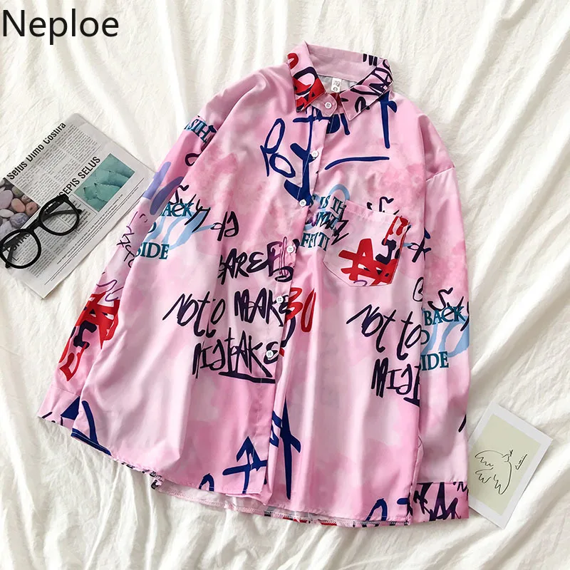 Neploe Harajuku уличная блузка, отложной воротник, длинный рукав, граффити, Женский Топ, Ретро стиль, свободная, с одной грудью, Весенняя рубашка 48400