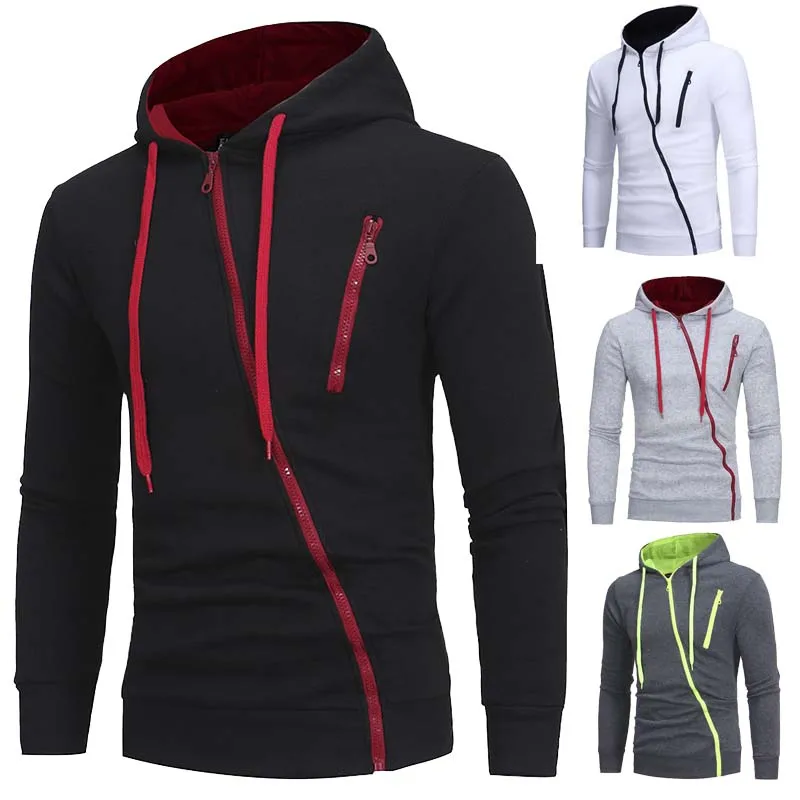 Mens Hoodies Diagonal Zipper Design Pure Color Long Sleeve Slim Hoodie Casual Hooded Sportswear Sweatshirts Men Streetwear Black