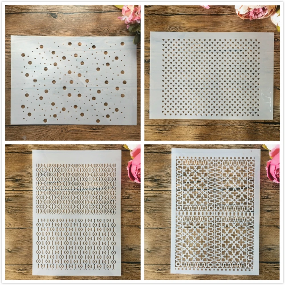

4Pcs A4 29cm Dot Heart Geometry DIY Layering Stencils Wall Painting Scrapbook Embossing Hollow Embellishment Printing Lace Ruler