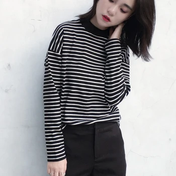 

118# Camiseta de cuello redondo para mujer, Top informal de manga larga con tira en blanco y negro para mujer