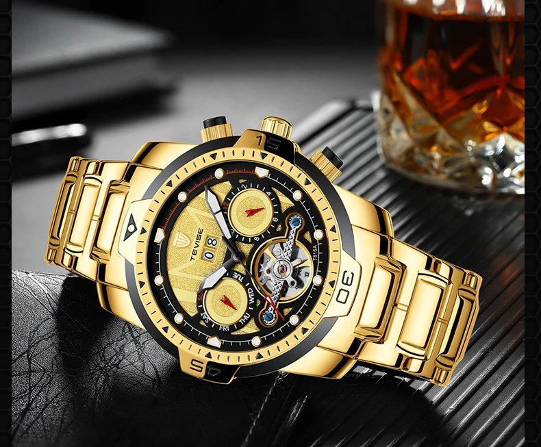Tevise роскошные золотые Турбийон Скелет Мужские автоматические механические часы спортивные мужские наручные часы для мужчин Relogio Masculino