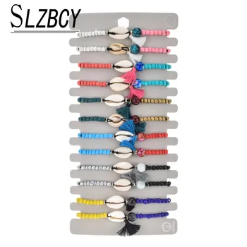 

Bohemia Women 12 pcs/set Natural Stone Shell Charm Bracelets Set Handmade Braided Adjustable Tassel Bracelet Yoga Anklet Jewelry