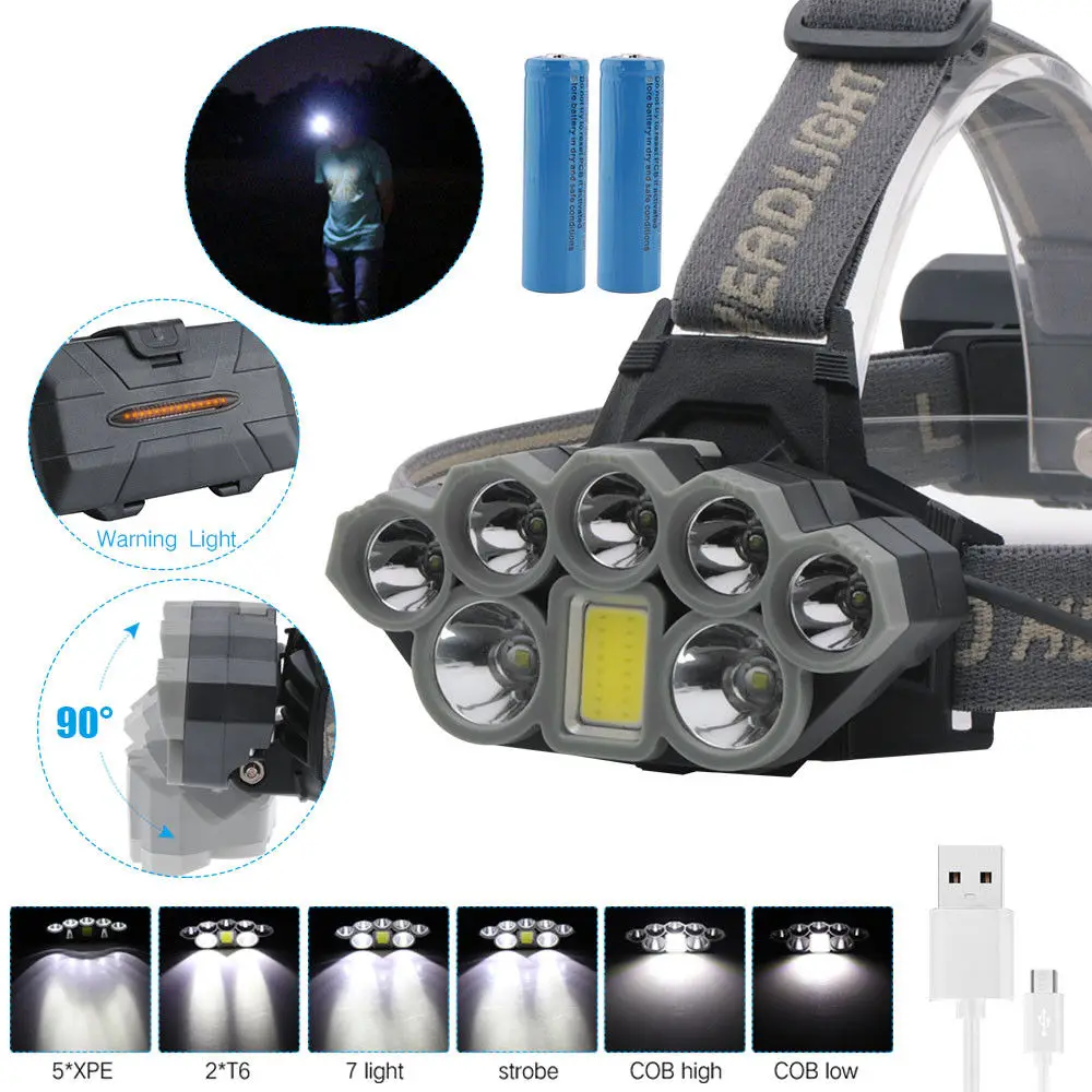 100000LM 2T6 + 5XPE 1COB 8LED фары Перезаряжаемые фонарик USB фара 2*18650 6 режимов из
