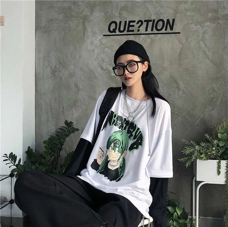 NiceMix Harajuku стиль зеленый комический персонаж принт лоскутный Топ осень уличная поддельная 2 шт длинный рукав футболка для женщин и мужчин