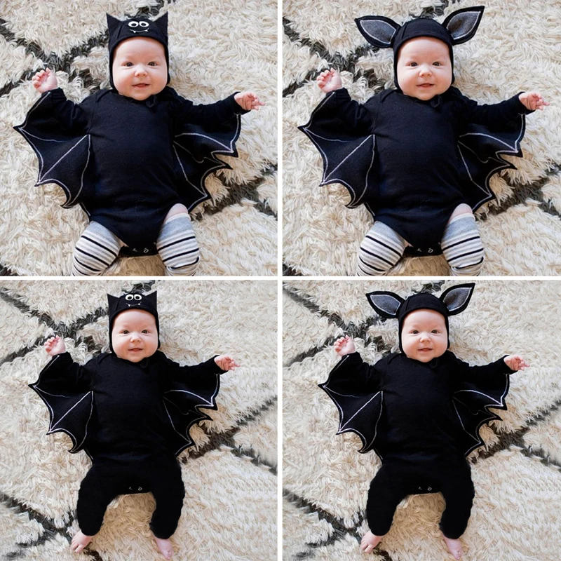 Halloween Newborn Baby Clothing Toddler Baby Boy Girls Halloween Bat Cosplay Costume Long Sleeve Romper Hat Outfits Set