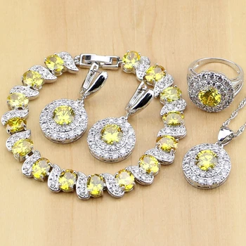 

925 Silver Bridal Jewelry Yellow Zircon Stones White Crystal Jewelry Sets Women Wedding Earrings/Pendant/Necklace/Rings/Bracelet
