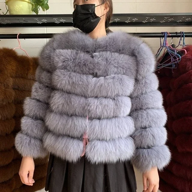 50cm light grey Женская теплая шуба из натурального Лисьего меха, короткая тонкая зимняя куртка из натурального меха, модная верхняя одежда, роскошное пальто из натурального Лисьего меха для девочек, FC-034 - Цвет: 50cm light grey