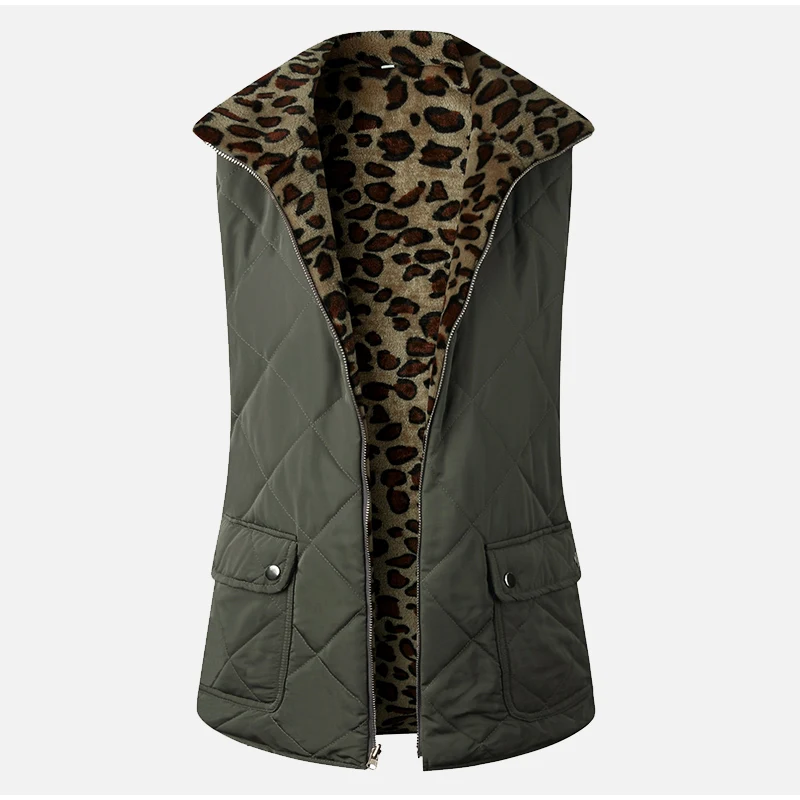 Зимний двусторонний Леопардовый женский жилет, пальто без рукавов, пышная верхняя одежда для женщин, модный утепленный женский жилет с карманами