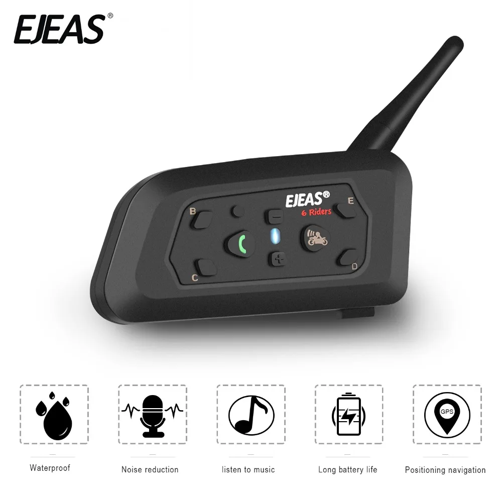 

EJEAS V6 Pro Intercom Moto Wireless Helmet Bluetooth Headset Boomed Microphone Metal Clamp USB 850mAh 6 Rider 1200M Waterproof