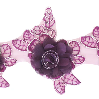 

Indian hot selling 3d chiffon flower applique purple lace trim for garment accessories 5 yards