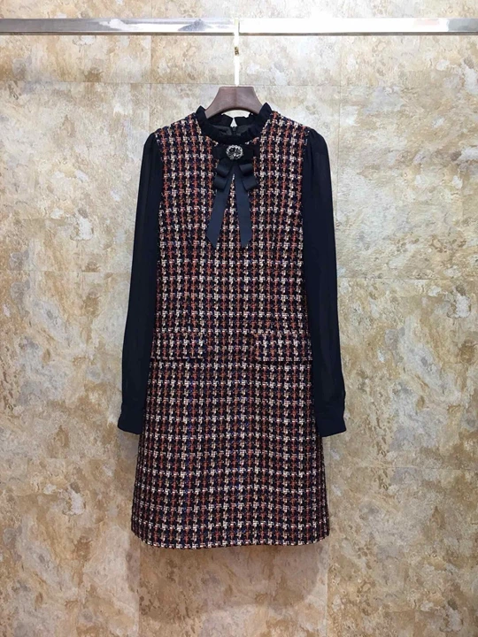 new women's autumn and winter plaid bow tie stitching sleeve woolen dress 1004