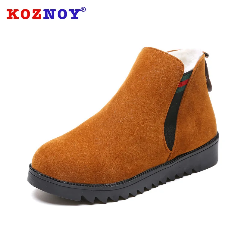 

Koznoy Women Boots Autumn Winter Dropshipping Plush Velvet Boots Round Toe Flat Bottom Slip Muffin Fashion Breathable Snow Boots