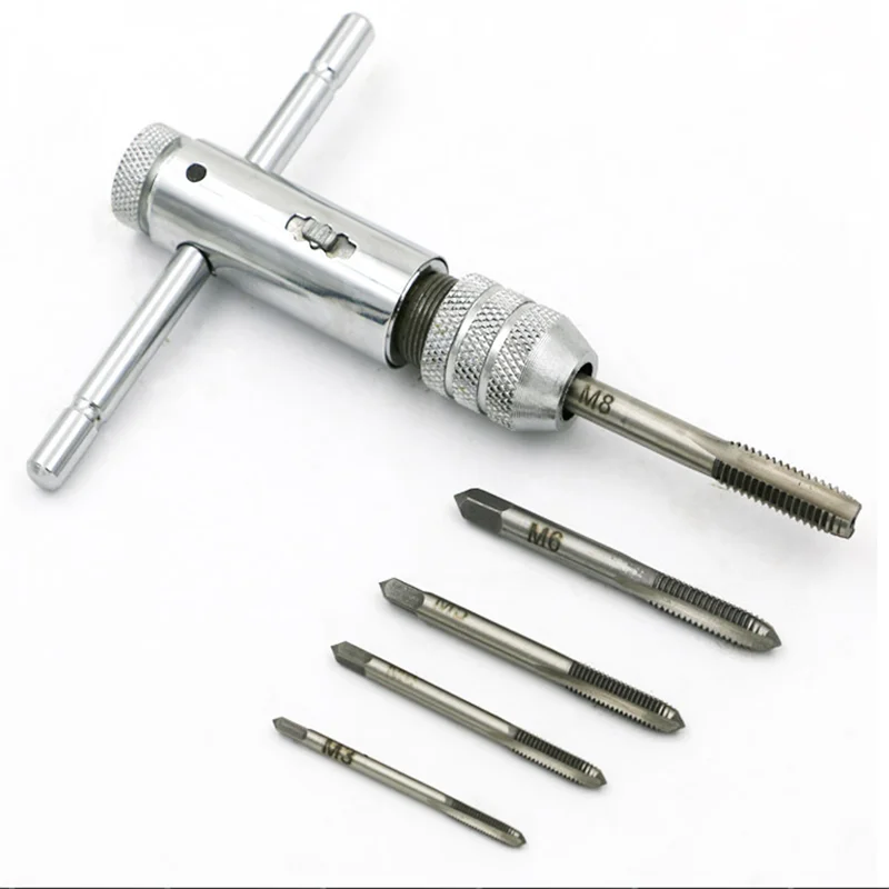 6Pcs/Set T Handle Tap Wrench Ratchet Spanner Adjustable Screw Taps Thread Metric Plugs Machinist Hand Tools Tap& Die M3-M8