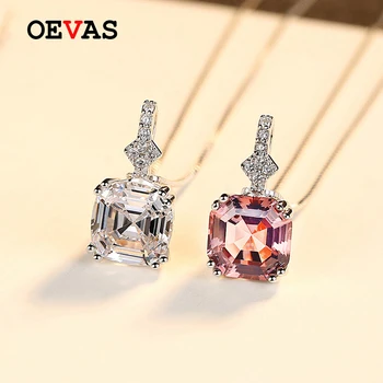 

OEVAS Sparking 8mm Square Zircon Wedding Pendant Necklace For Women Top Quality 925 Sterling Silver Engagement Party Jewelry
