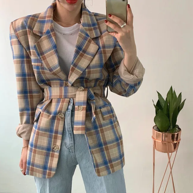 

2019 New Style South Korea Dongdaemun INS Online Celebrity Loose-Fit Hong Kong Style Retro Casual Green Plaid Suit Jacket