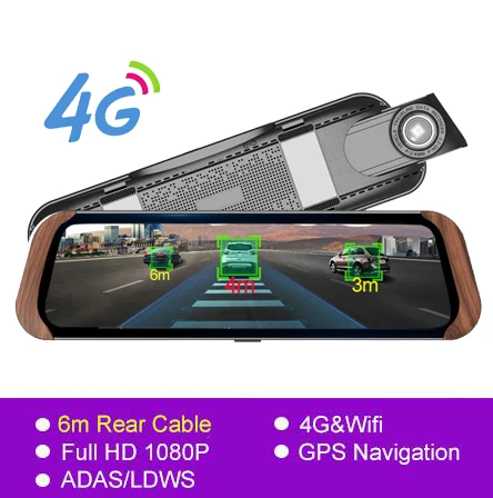 With 6m rear cable Anstar 4G Автомобильный видеорегистратор 10 ''зеркало заднего вида Автомобильная камера ADAS gps 1080P видеорегистратор ночного видения авто видеорегистратор - Название цвета: With 6m rear cable