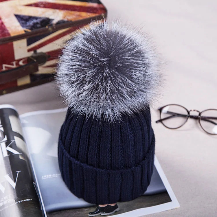 Winter Warm Female Fur Pom Poms hat Spring Hat For Women Girl 's Hat Knitted Beanies Cap Hat Thick Women Skullies Beanies - Цвет: 13