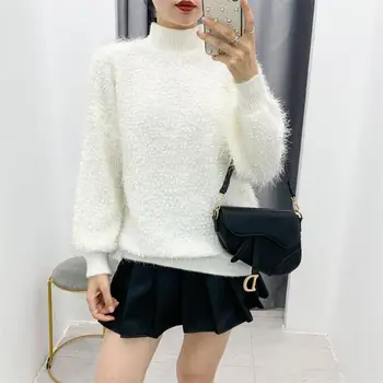 

2020 autumn and winter new women half high neck sweater Korean version of the lantern sleeve loose pullover sweater