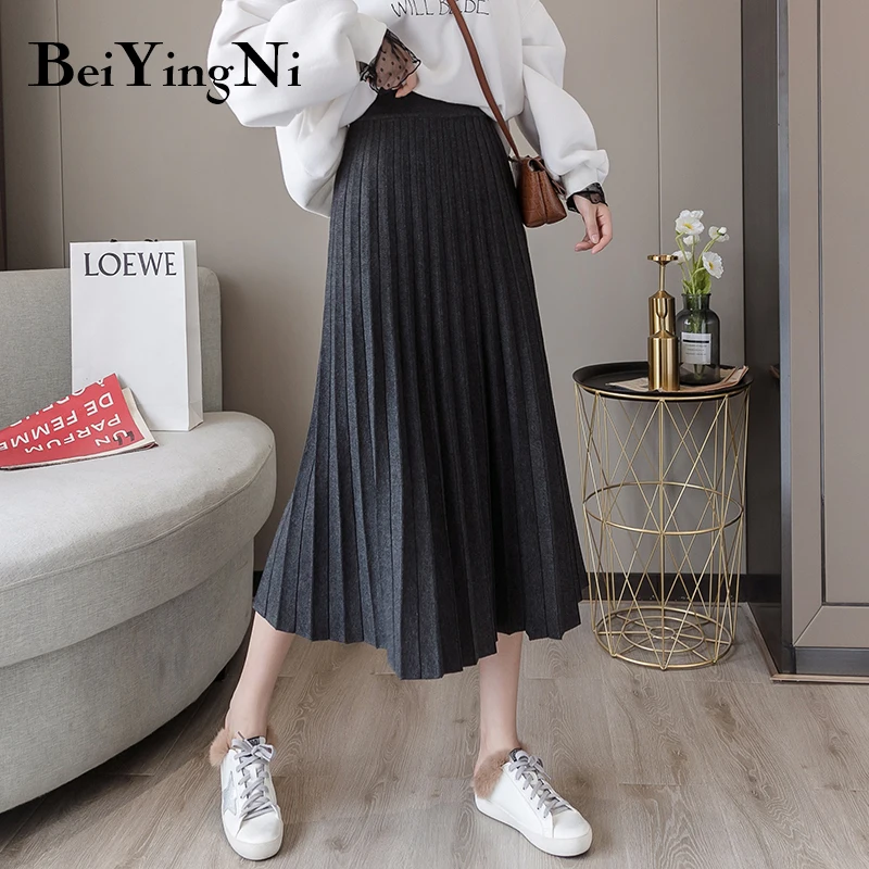 Beiyingni Женская плиссированная юбка теплый толстый винтажный вязаный свитер миди юбка осень зима однотонные черные макси юбки ребристые