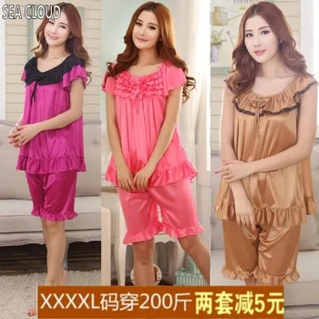 

82 Summer short-sleeve Women sleepwear plus size thin viscose mm sexy gold lace lounge set for 40-100 kg 17 colors