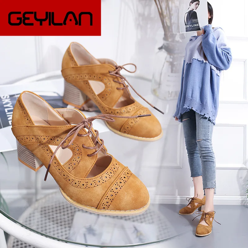 

Plus Size 35-43 Fashion Women Shoes Casual Platform Heels Spring Summer High Heel Sandals Suede Lace-Up Brogue Shoes Women Pumps