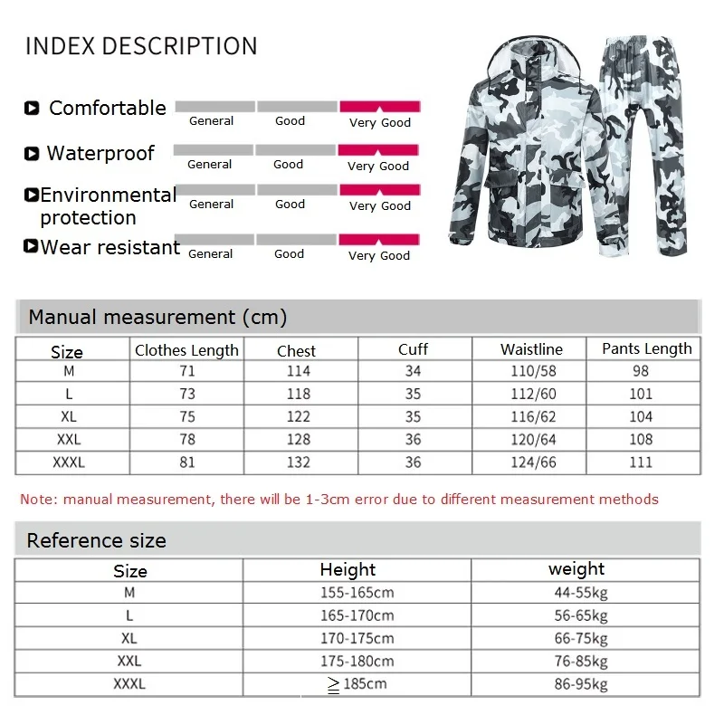 Дождевик брюки костюм водонепроницаемый мотоцикл Дождевик Пончо Таблица размер большой размер рыболовный костюм дождевик мужчины и женщины