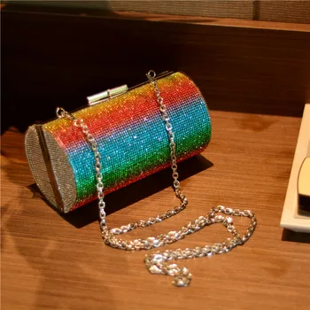 

Cross Border Exclusively for Hot Selling Rainbow Rhinestone Evening Bag Over-the-shoulder Bag Women Color Diamond Set Cylinder S