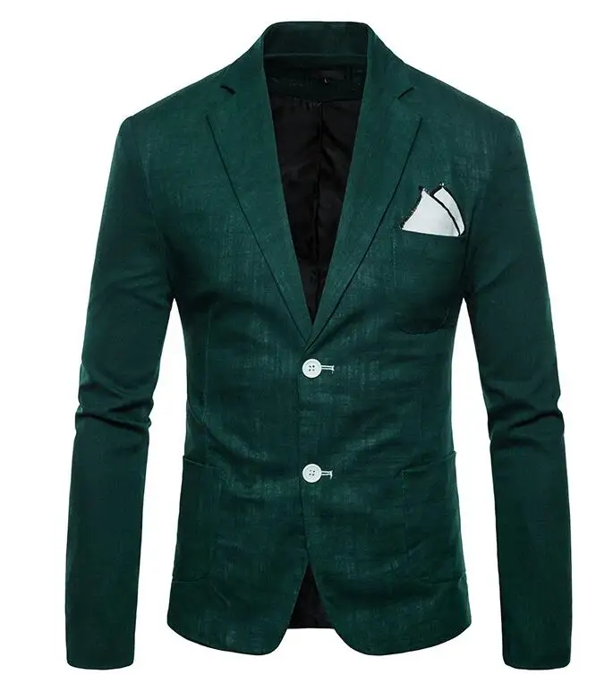 Мужской Блейзер ярких цветов, приталенный пиджак, костюмы, блейзеры, мужской качественный повседневный костюм, Модный хлопковый льняной летний мужской удобный блейзер - Цвет: Зеленый