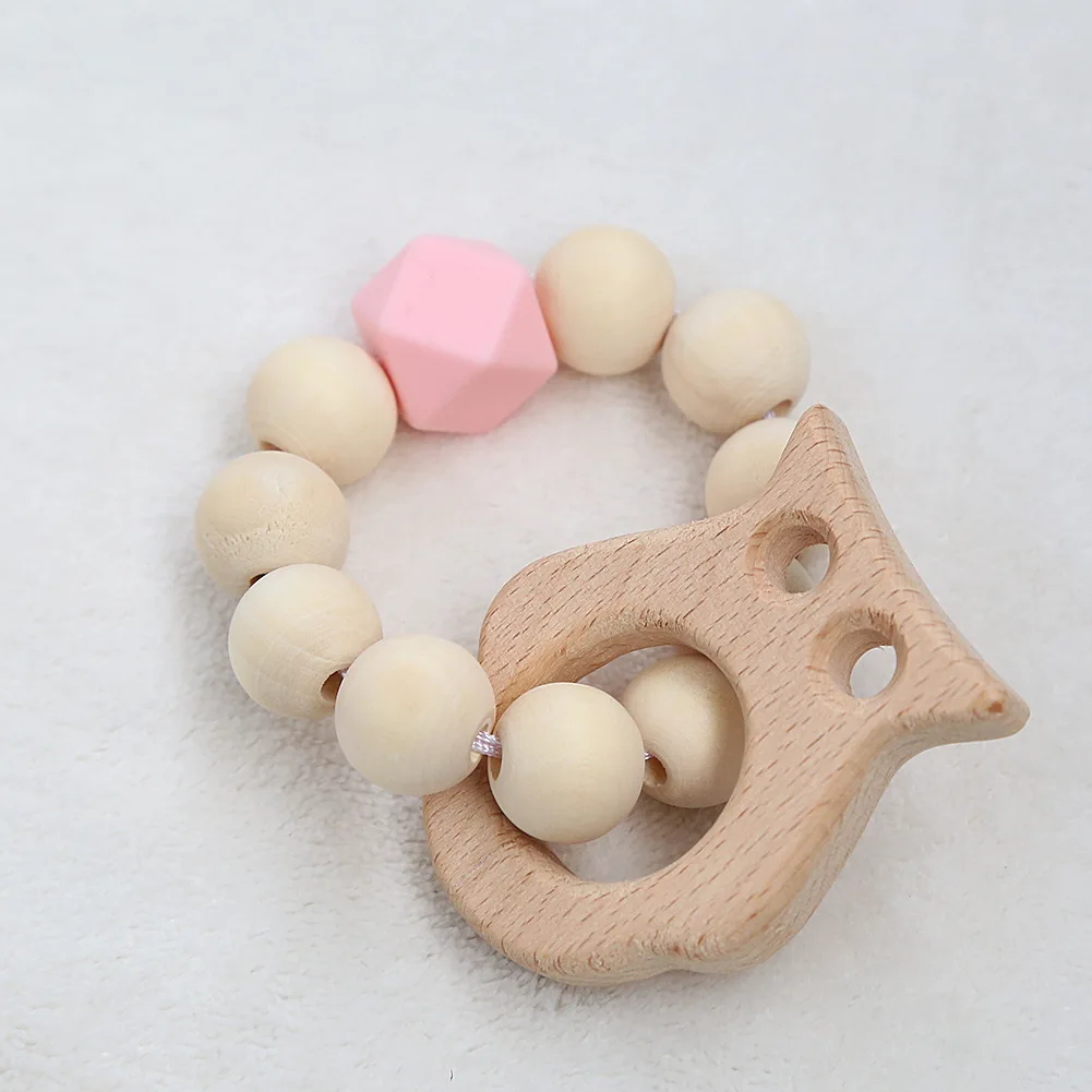 Baby Nursing Bracelets Natural Wood Teether Silicone Beads Teething Wooden Rattles Toys Baby Teething Toy Bracelets Nursing Gift - Цвет: Pink Owl