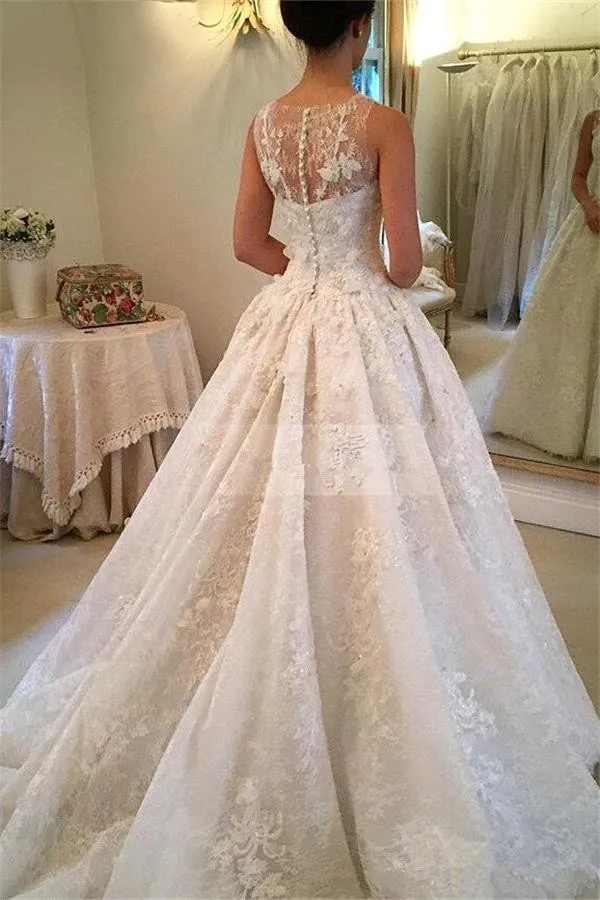 Великолепная Scoop с кружевной аппликацией свадебное платье Vestido De Novia Винтаж casamento одежда на молнии с длинным шлейфом бальное, свадебное платье