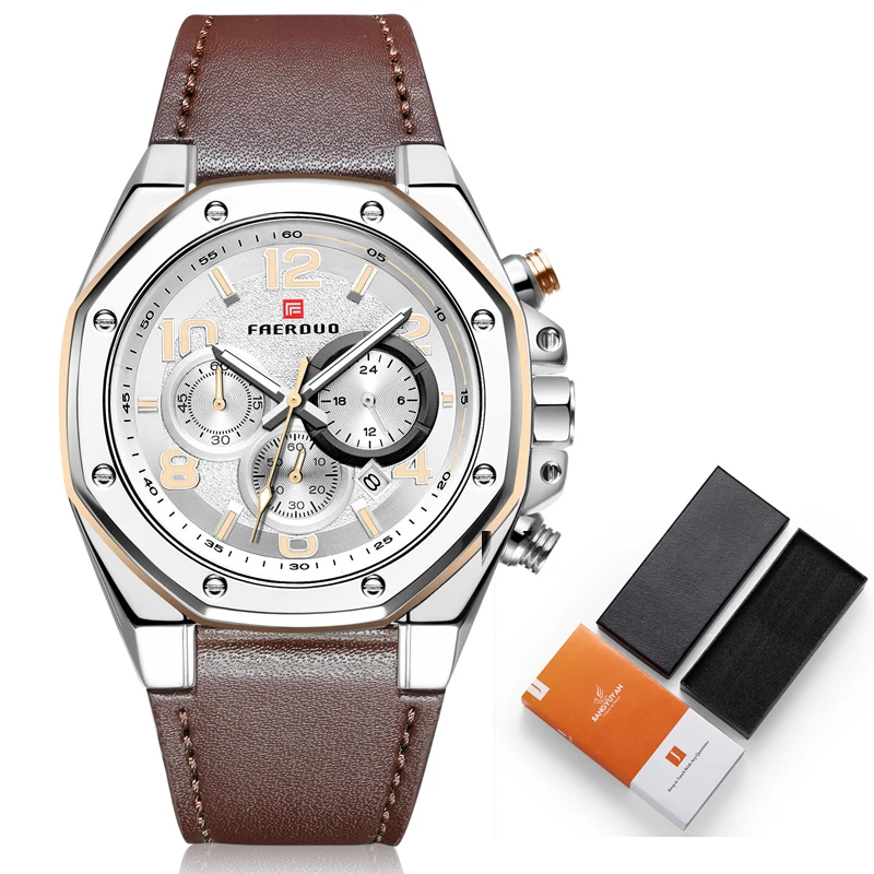 silver with box Темно-синие мужские часы 30 м водонепроницаемые мужские s часы лучший бренд роскошные кожаные часы хронограф мужские часы Saat relojes hombre - Цвет: silver with box
