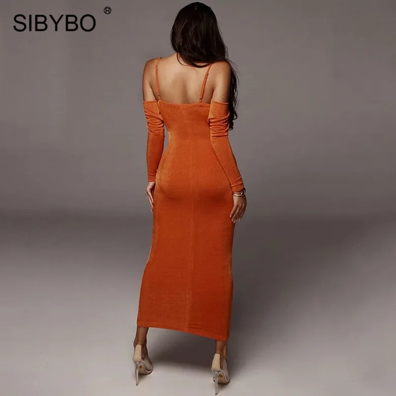  SIBYBO Metal Spaghetti Strap Winter Long Dress Women Off Shoulder Long Sleeve Sexy Bodycon Dress Au