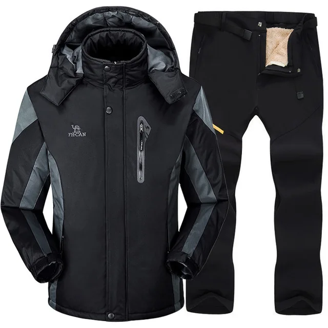 Лыжный костюм для мужчин, зимний, теплый, ветрозащитный, водонепроницаемый, для спорта на открытом воздухе, зимние куртки и штаны,, лыжный костюм, мужская куртка для сноуборда, мужской бренд - Цвет: Black