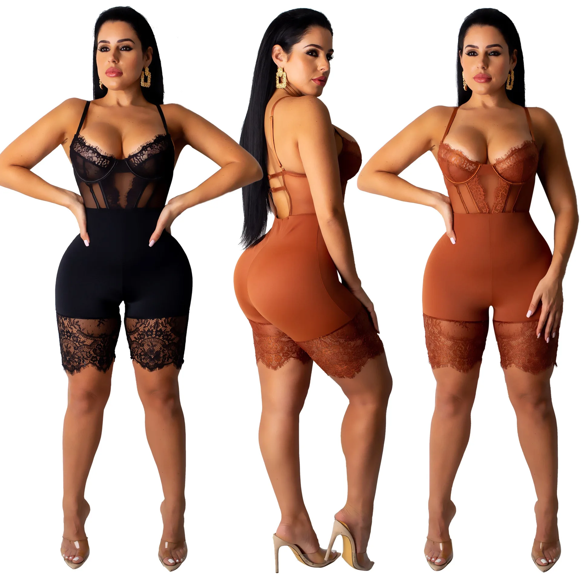 Sexy Spaghetti Straps Bodaysuit Lace See Through Sleeveless Short Romper Women Jumpsuits Solid 6 Color Overalls