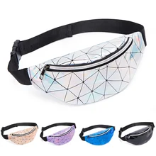 Holograficzny talii torby kobiety poduszka Fanny Pack kobiet różowy srebrny saszetka na pasek geometryczne talii pakiety laserowe w klatce piersiowej telefon portfel(China)