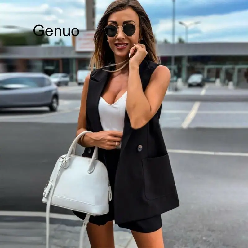 Women Two Piece Sets Sleeveless Blazer And Pokcets Shorts Vest Jacket Coat Elegant Office Ladies Double Button Short Pants Sets