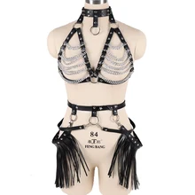 Кожаный бюстгальтер с кисточками, чулок, пояс для подвязки, Связывание тела, цепь, комплект, платье для выпускного вечера, эротические аксессуары, отрегулируйте Готический стиль