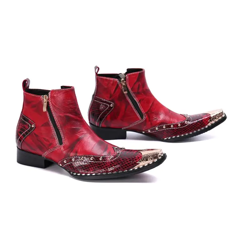Red High Top Genuine Leather Men Shoes Chelsea Boots Metal Pointed Toe Zipper Ankle Boots Luxury Career Work Rock Punk Men's Boots - Цвет: Red