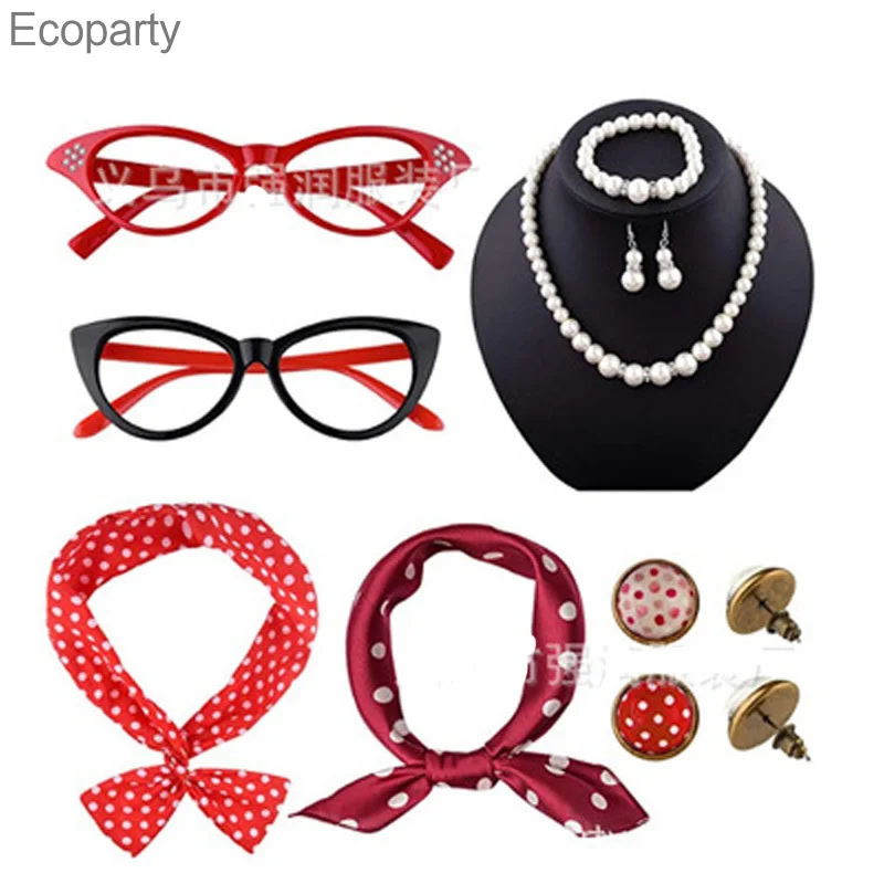 Hifot Années 50 Costume Accessoires,1950 Femmes Ensemble à Pois Bandeau  Écharpe Gant Boucle d'oreille Oeil De Chat Lunettes, Costume Carnaval Femme  : : Mode